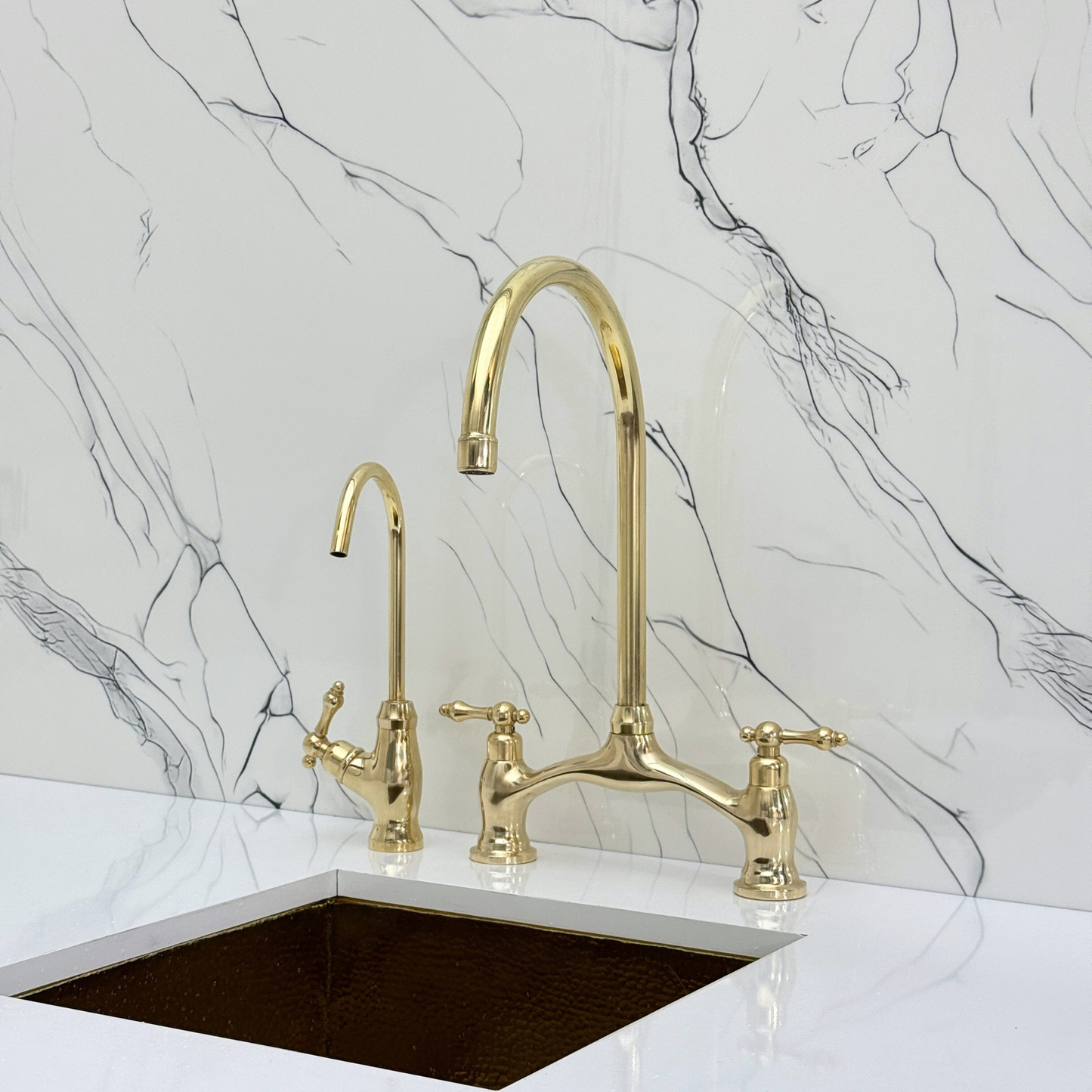 Unlacquered Brass Bridge Antique Faucet with Sprayer, Drinking Water Tap and Lever Handles