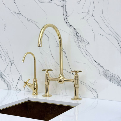 Unlacquered Brass Bridge Faucet with Sprayer, Cold Water Faucet, Straight Legs and Cross Handles