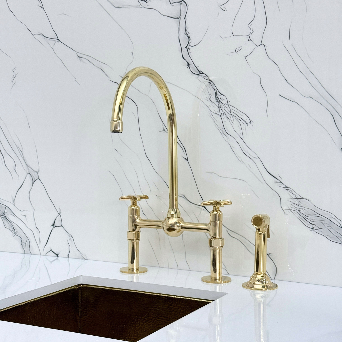 Unlacquered Brass Bridge Faucet with Sprayer, Cold Water Faucet, Straight Legs and Cross Handles