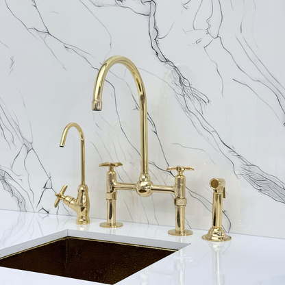 Unlacquered Brass Bridge Faucet with Sprayer, Cold Water Faucet, Straight Legs and Cross Handles