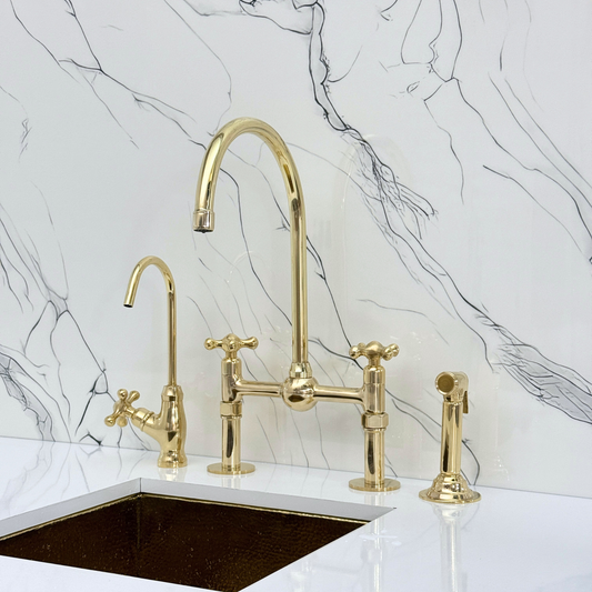 Unlacquered Brass Bridge Faucet with Sprayer, Cold Water Faucet, Straight Legs and Cross Handles
