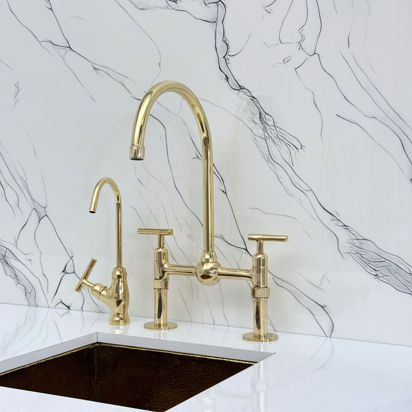 Unlacquered Brass Bridge Faucet with Sprayer, Cold Water Faucet, Straight Legs and Lever Handles