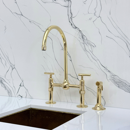 Unlacquered Brass Bridge Faucet with Sprayer, Cold Water Faucet, Straight Legs and Lever Handles