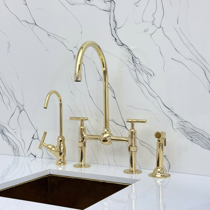Unlacquered Brass Bridge Faucet with Sprayer, Cold Water Faucet, Straight Legs and Lever Handles