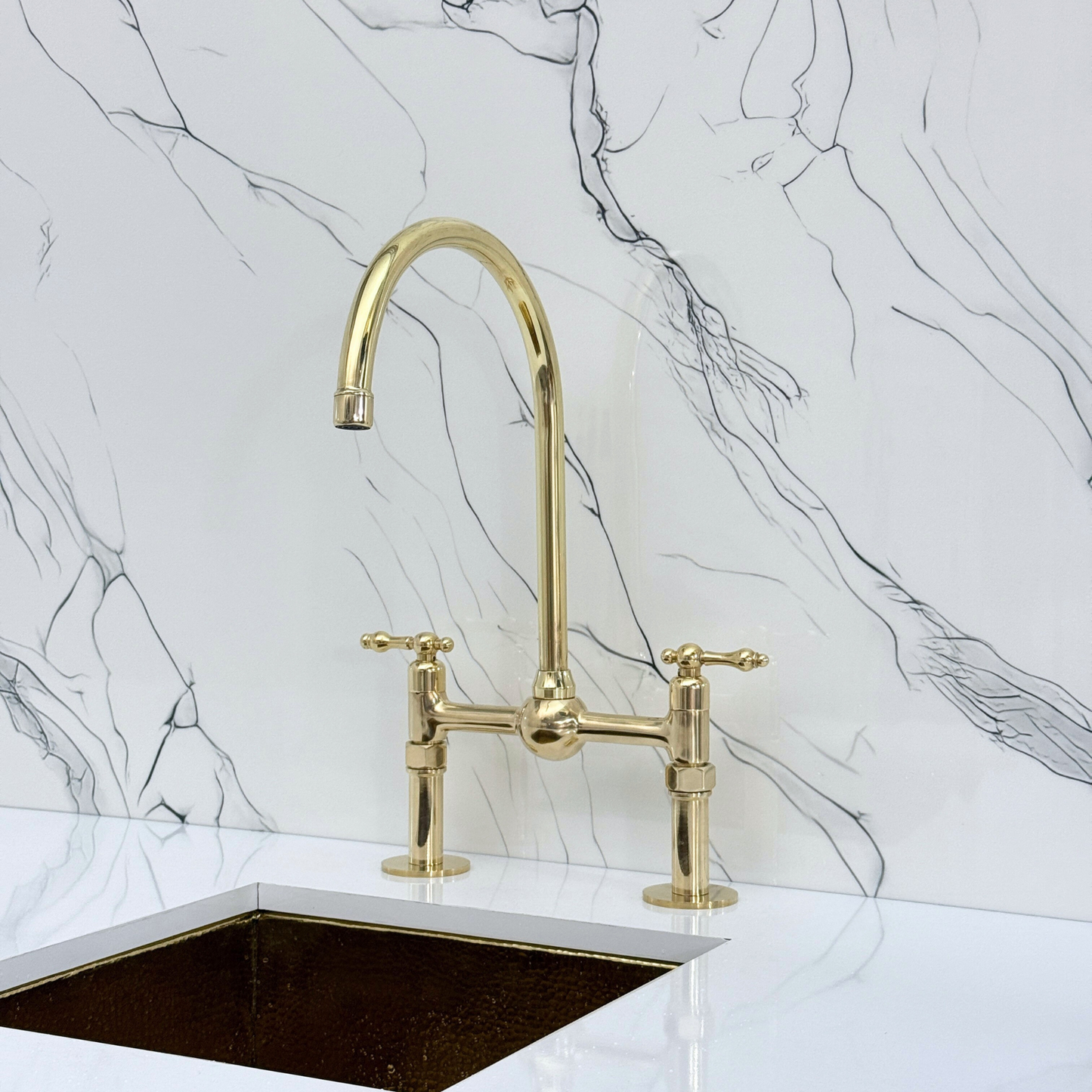 Unlacquered Brass Bridge Faucet with Sprayer, Cold Water Faucet, Straight Legs and Lever Handles