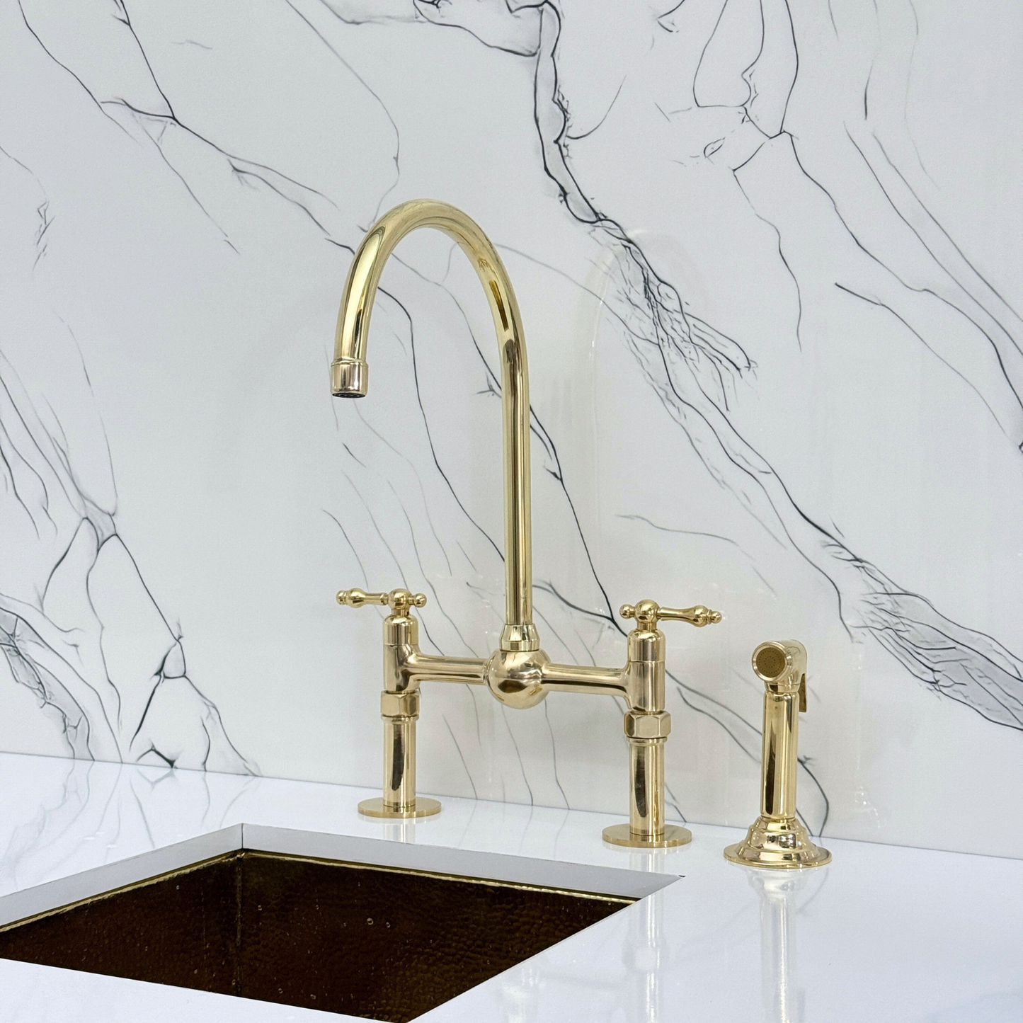 Unlacquered Brass Bridge Faucet with Sprayer, Cold Water Faucet, Straight Legs and Lever Handles