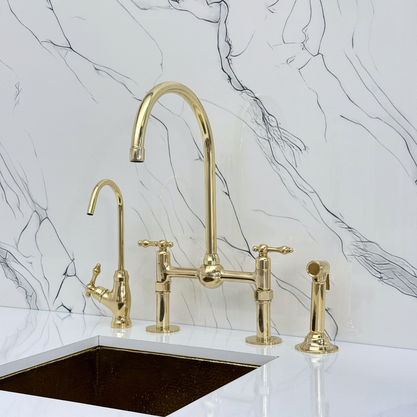 Unlacquered Brass Bridge Faucet with Sprayer, Cold Water Faucet, Straight Legs and Lever Handles