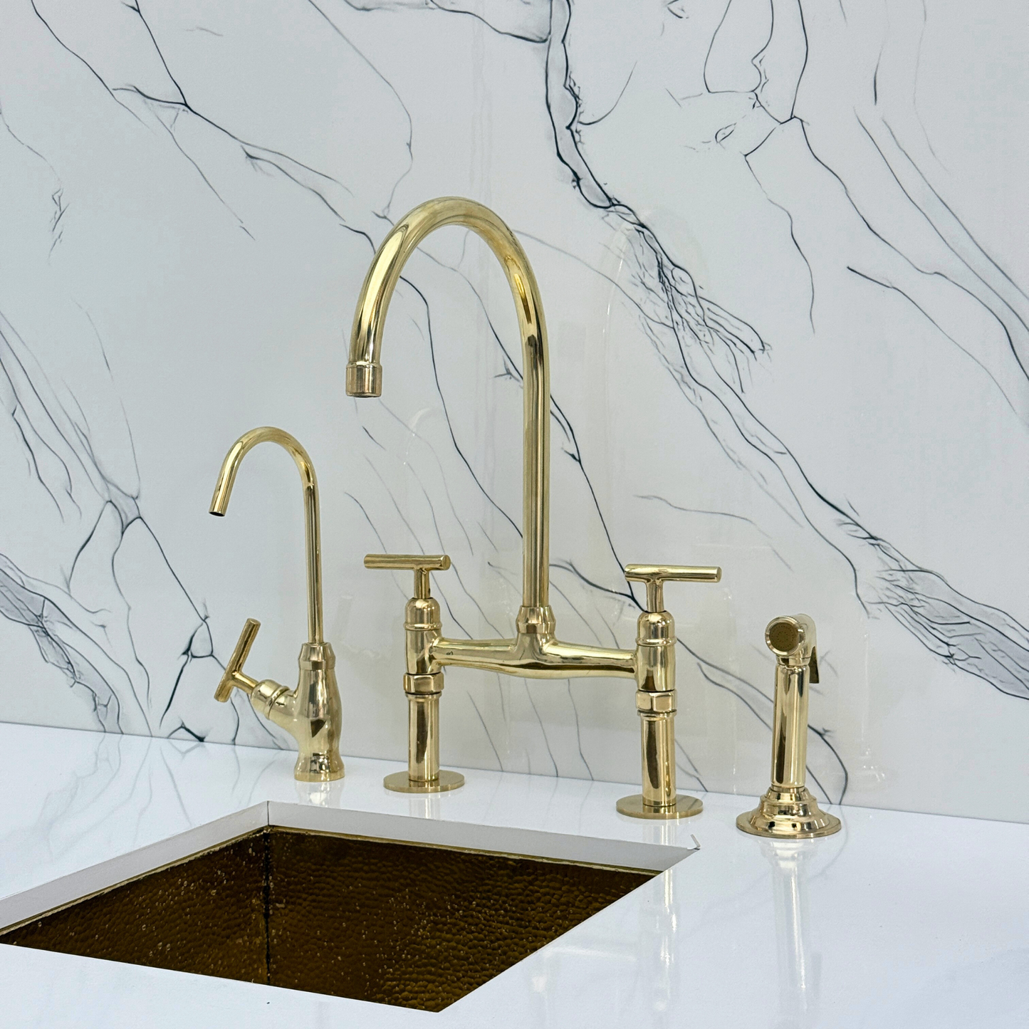 Unlacquered Brass Bridge Faucet with Sprayer, Drinking Water Tap and Lever Handles