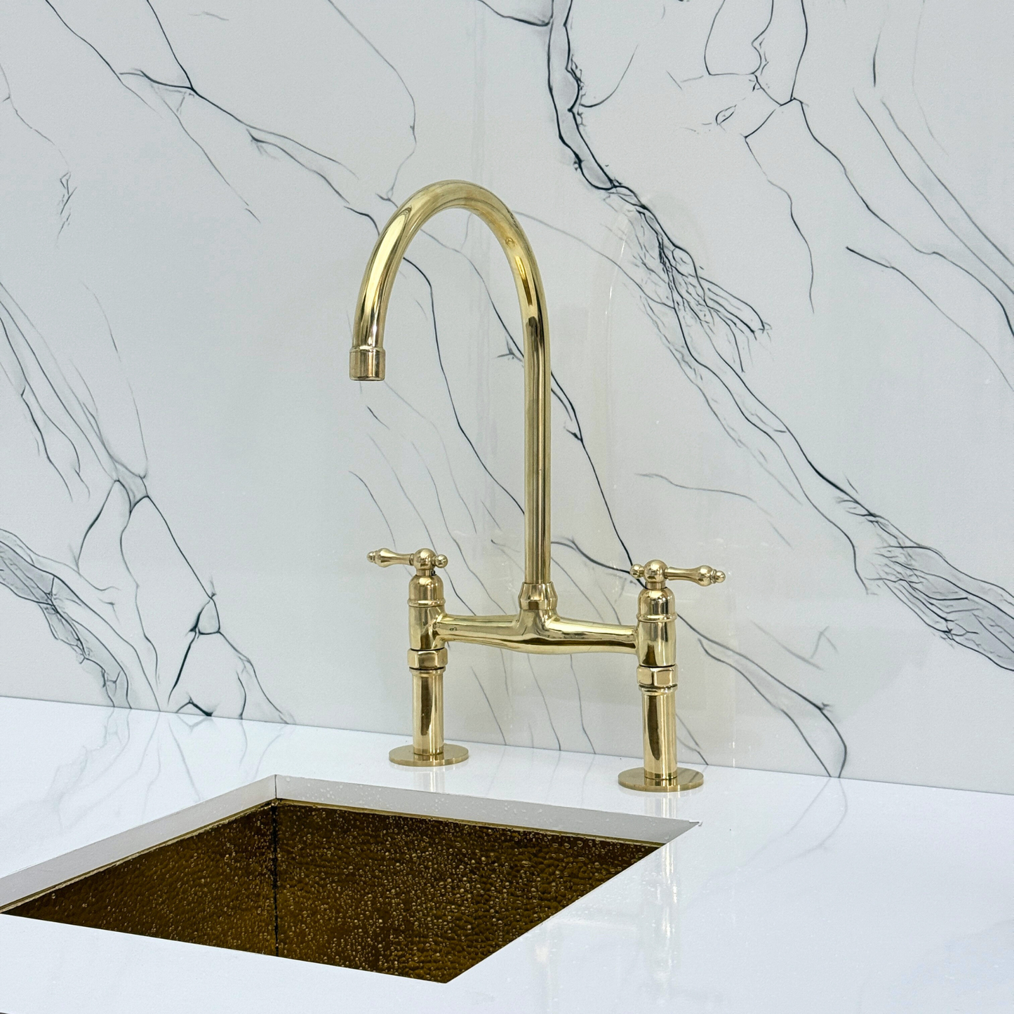 Unlacquered Brass Bridge Faucet with Sprayer, Drinking Water Tap and Lever Handles