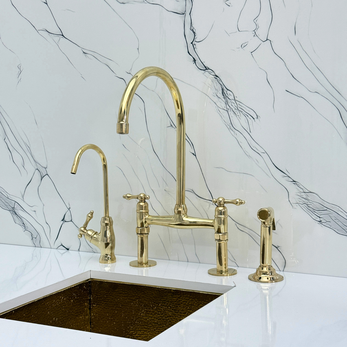 Unlacquered Brass Bridge Faucet with Sprayer, Drinking Water Tap and Lever Handles