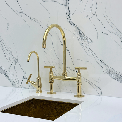 Unlacquered Brass Bridge Faucet with Sprayer, Drinking Water Tap and Lever Handles