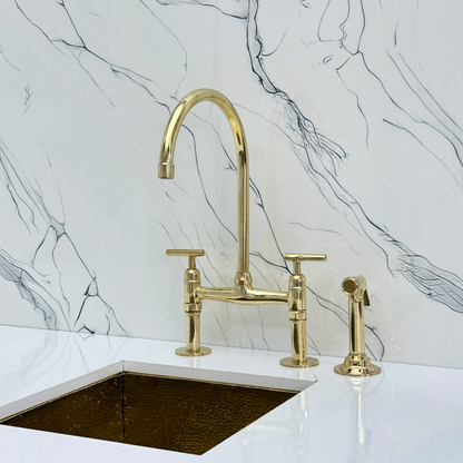 Unlacquered Brass Bridge Faucet with Sprayer, Drinking Water Tap and Lever Handles