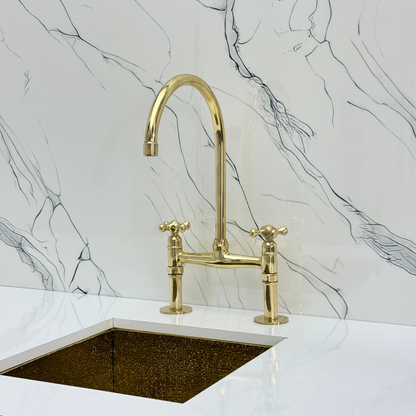 Unlacquered Brass Bridge Faucet with Sprayer, Drinking Water Tap and Cross Handles