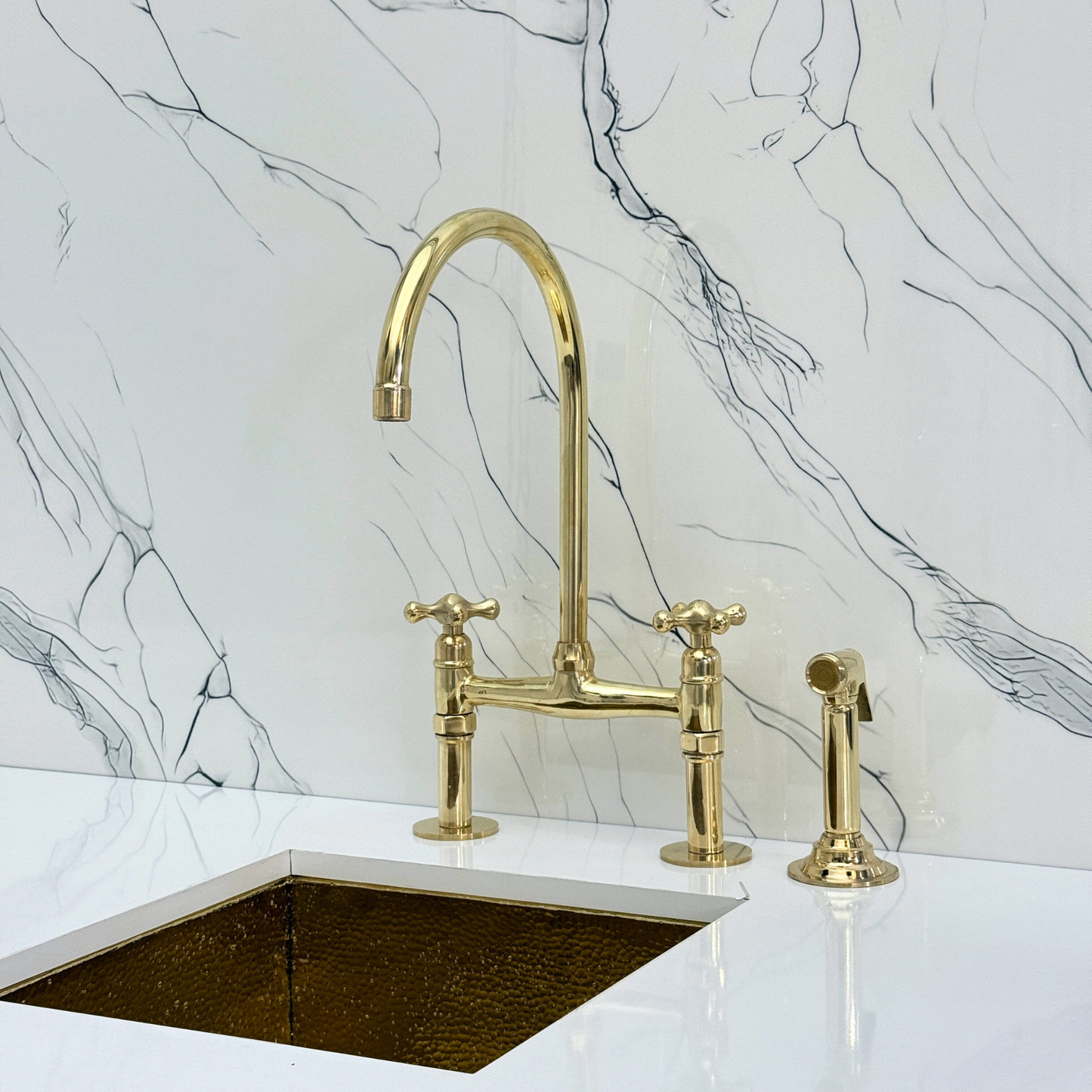 Unlacquered Brass Bridge Faucet with Sprayer, Drinking Water Tap and Cross Handles