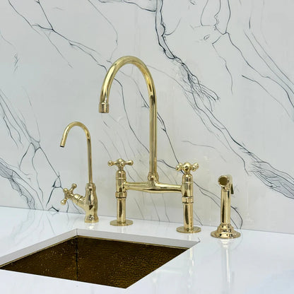 Unlacquered Brass Bridge Faucet with Sprayer, Drinking Water Tap and Cross Handles
