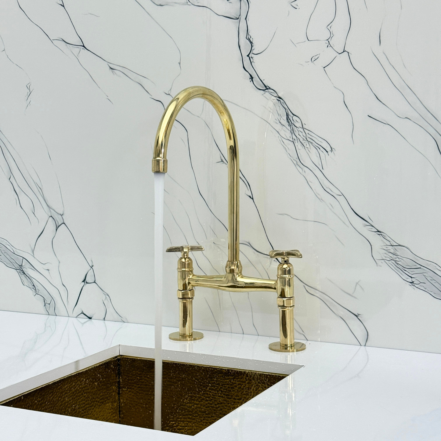 Unlacquered Brass Bridge Faucet with Sprayer, Drinking Water Tap and Cross Handles
