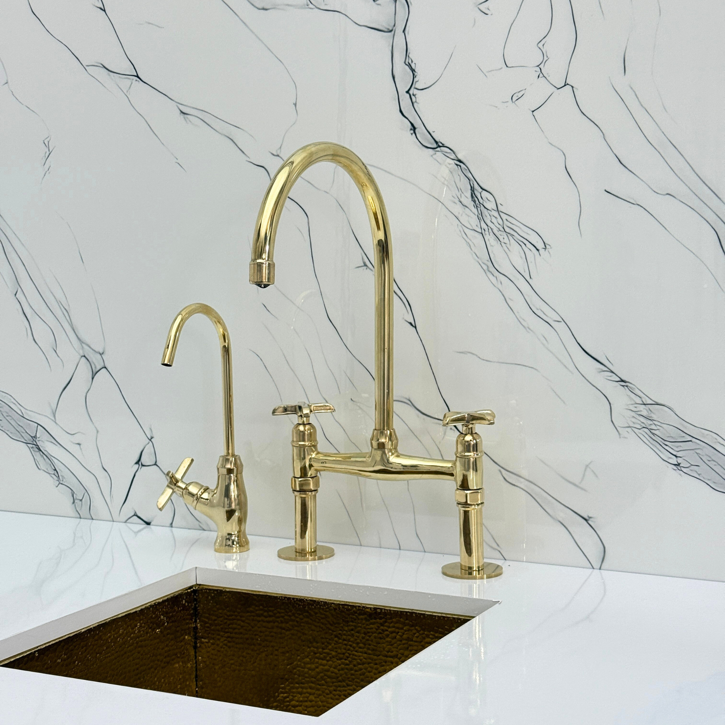 Unlacquered Brass Bridge Faucet with Sprayer, Drinking Water Tap and Cross Handles