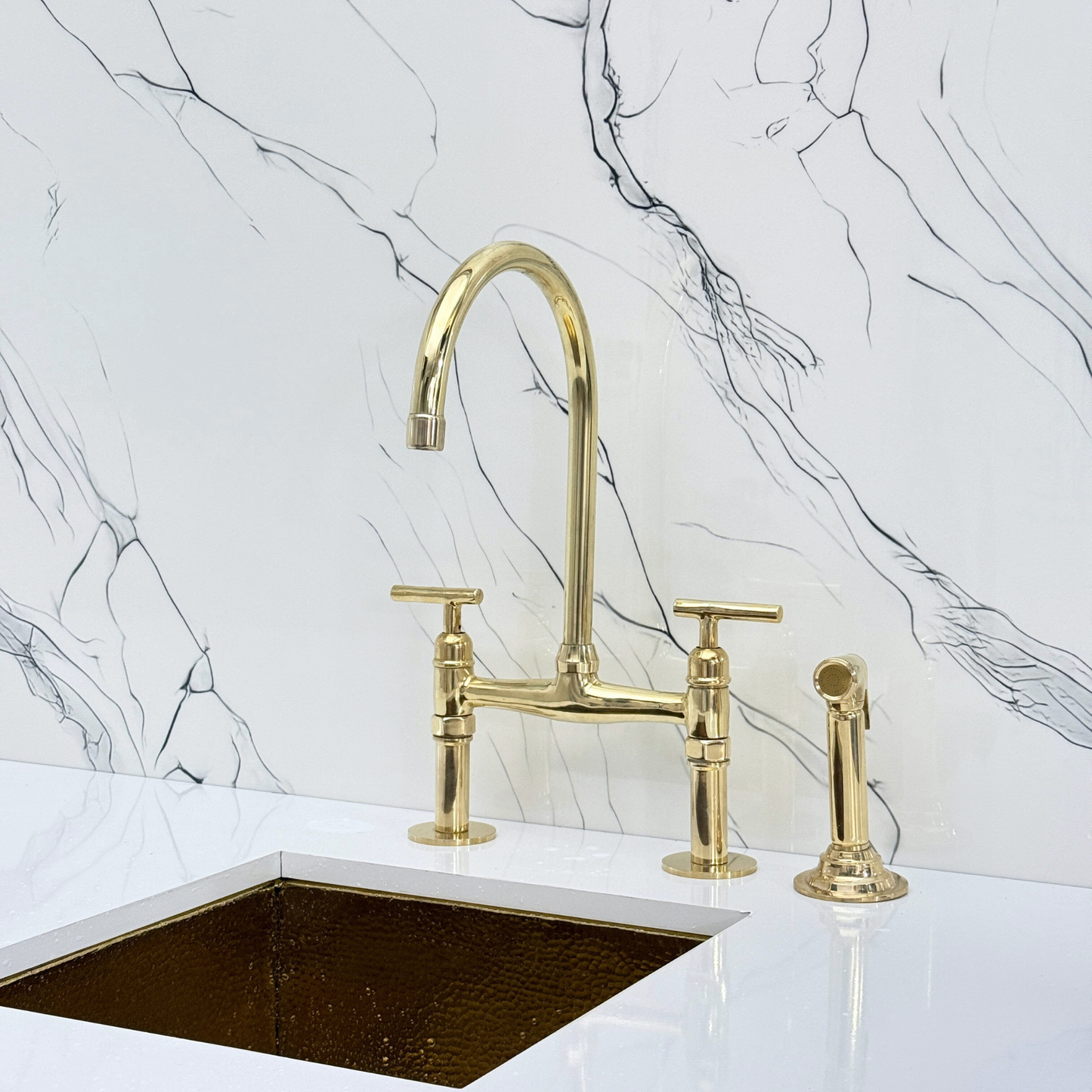 Unlacquered Brass Bridge Kitchen Faucet with Sprayer, Drinking Water Tap and Lever Handles
