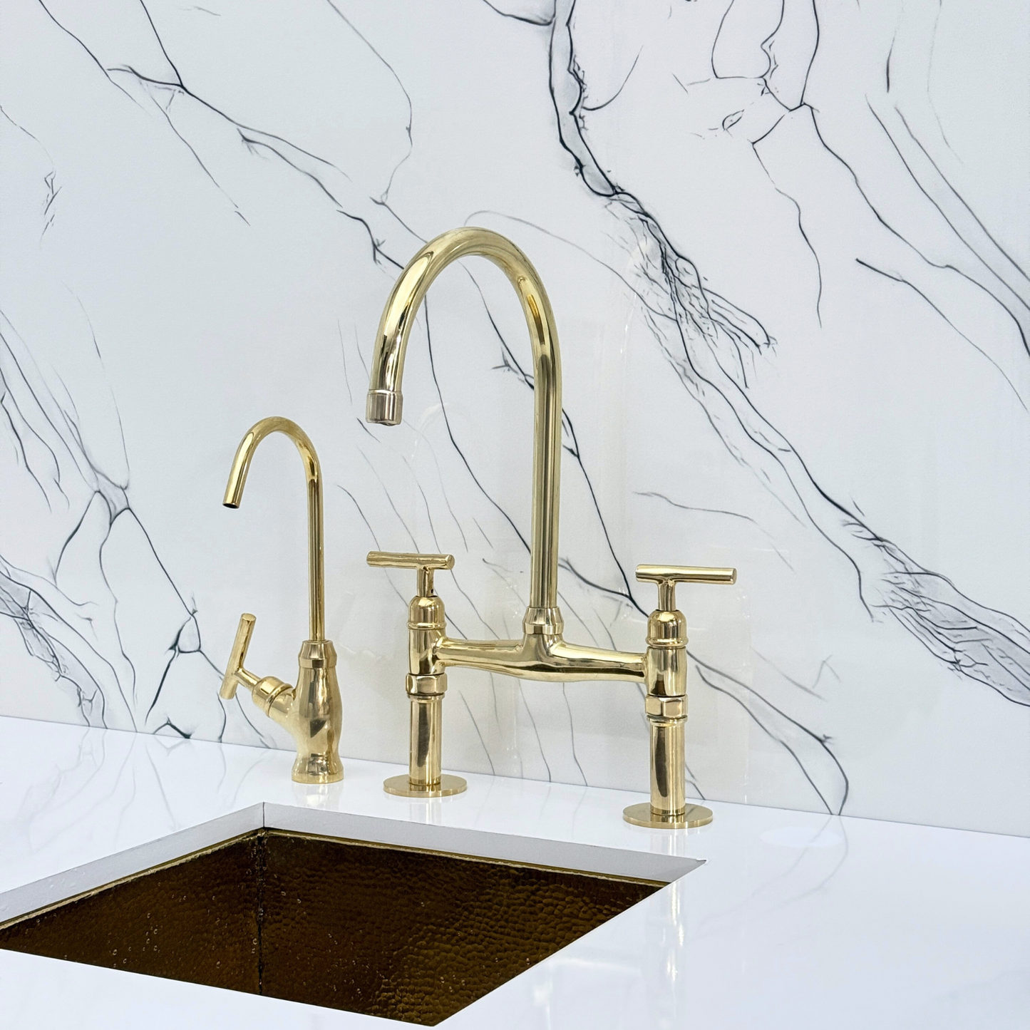 Unlacquered Brass Bridge Kitchen Faucet with Sprayer, Drinking Water Tap and Lever Handles