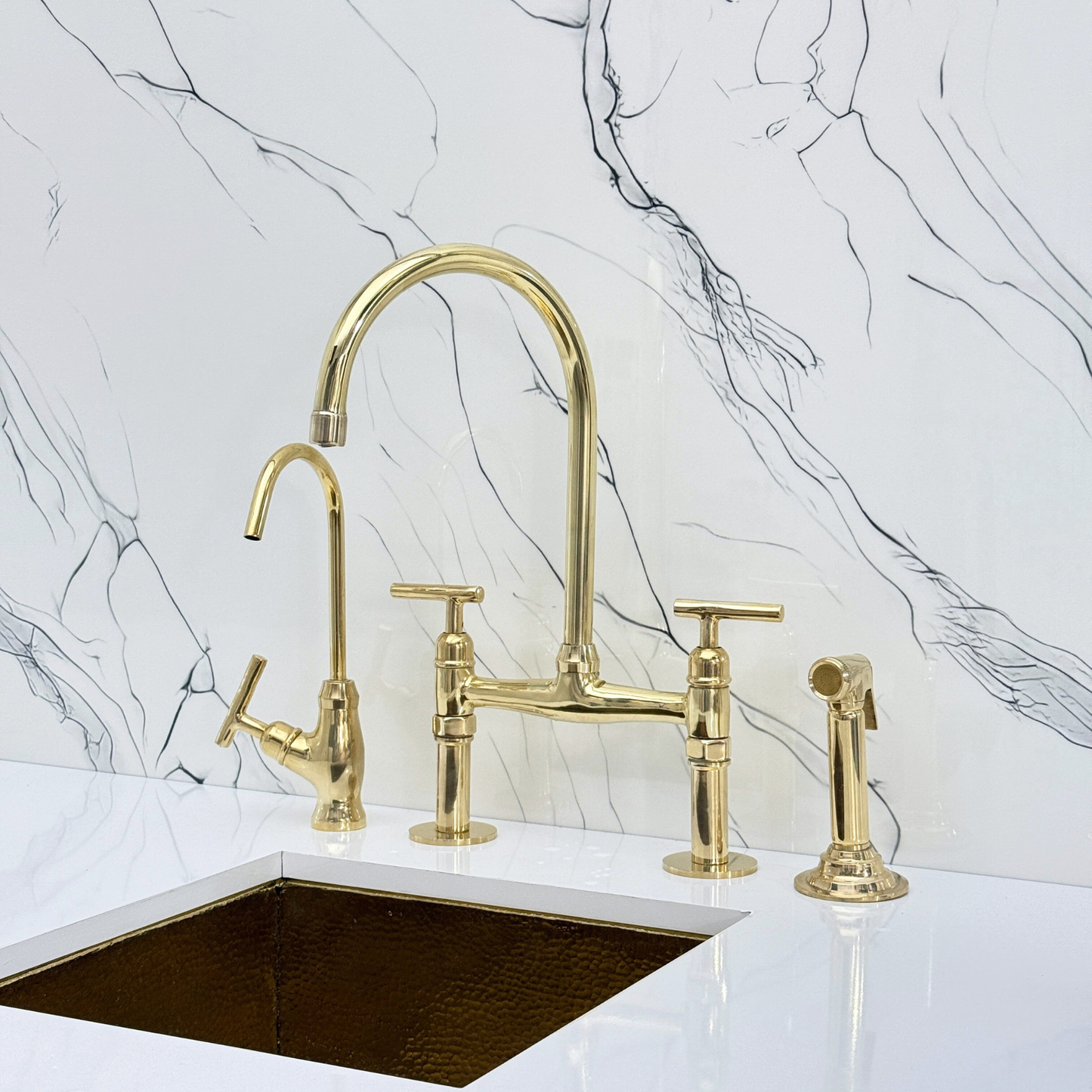 Unlacquered Brass Bridge Kitchen Faucet with Sprayer, Drinking Water Tap and Lever Handles