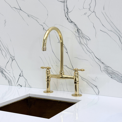 Unlacquered Brass Bridge Kitchen Faucet with Sprayer, Drinking Water Tap and Lever Handles
