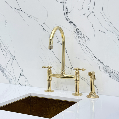 Unlacquered Brass Bridge Kitchen Faucet with Sprayer, Drinking Water Tap and Lever Handles