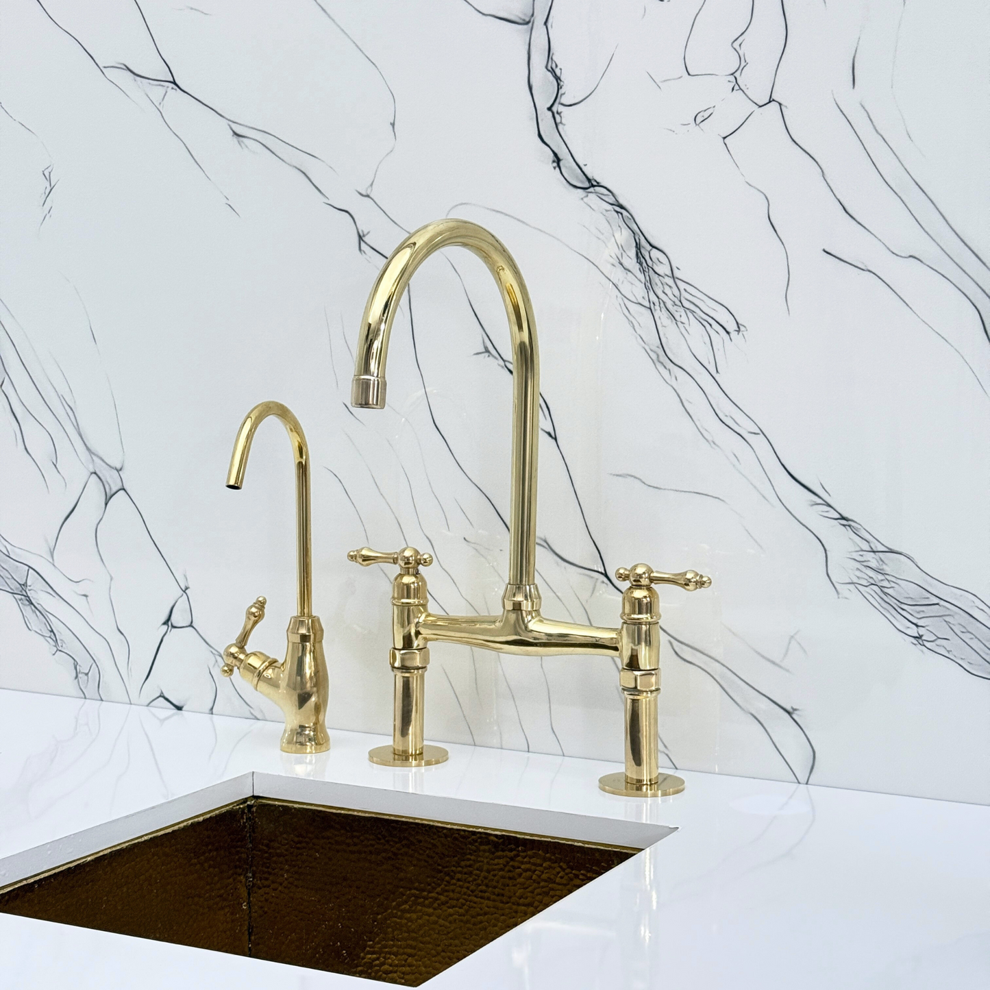 Unlacquered Brass Bridge Kitchen Faucet with Sprayer, Drinking Water Tap and Lever Handles