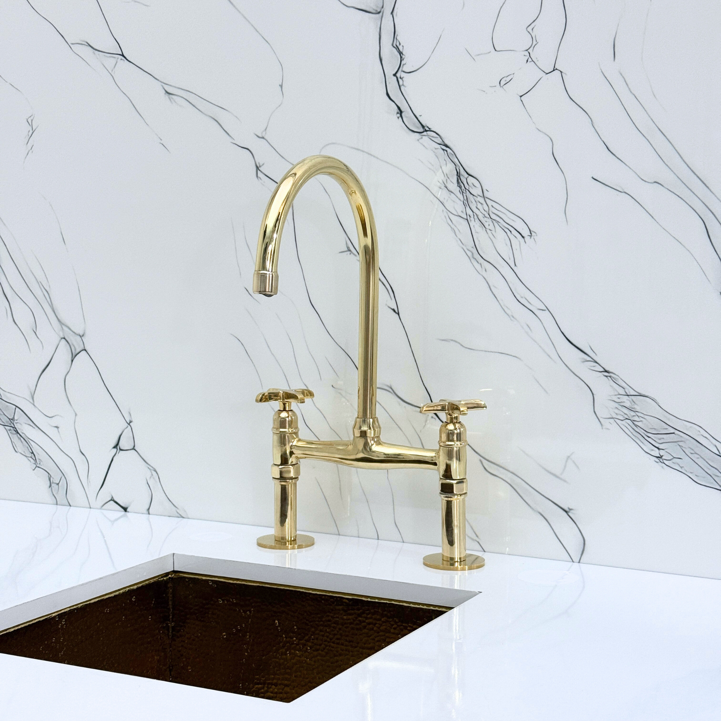 Unlacquered Brass Bridge Kitchen Faucet with Sprayer, Drinking Water Tap and Cross Handles