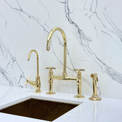 Unlacquered Brass Bridge Kitchen Faucet with Sprayer, Drinking Water Tap and Cross Handles