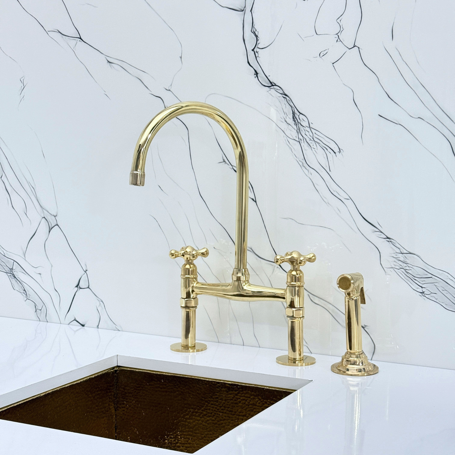 Unlacquered Brass Bridge Kitchen Faucet with Sprayer, Drinking Water Tap and Cross Handles
