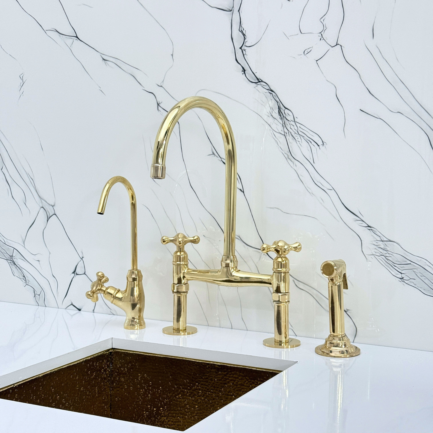 Unlacquered Brass Bridge Kitchen Faucet with Sprayer, Drinking Water Tap and Cross Handles