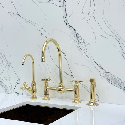 Unlacquered Brass Bridge Kitchen Faucet With Ball Center, Sprayer, Cold Water Faucet and Cross Handles
