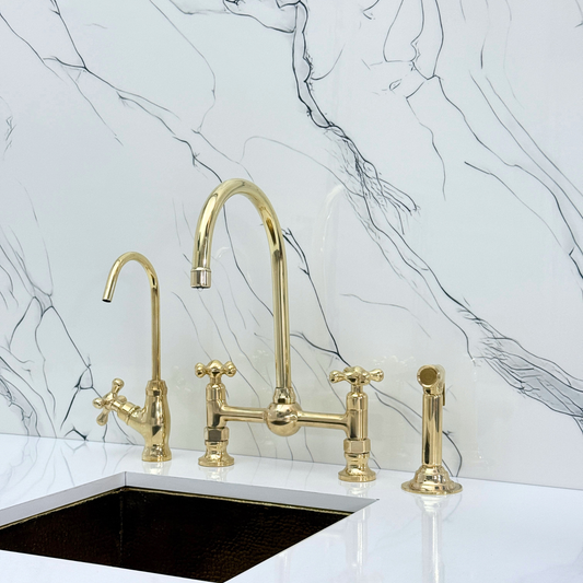 Unlacquered Brass Bridge Kitchen Faucet With Ball Center, Sprayer, Cold Water Faucet and Cross Handles