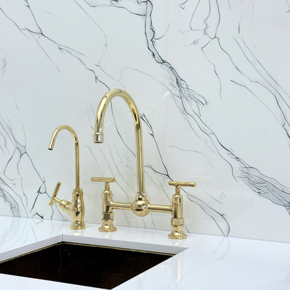 Unlacquered Brass Bridge Kitchen Faucet With Ball Center, Sprayer, Cold Water Faucet and Lever Handles