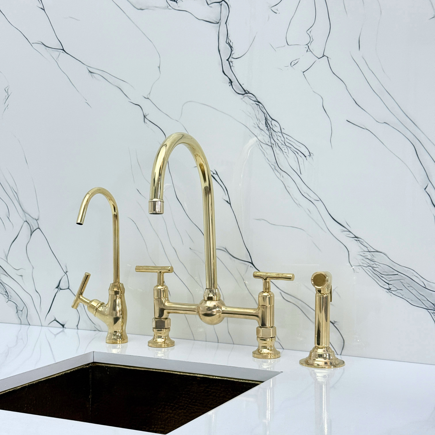 Unlacquered Brass Bridge Kitchen Faucet With Ball Center, Sprayer, Cold Water Faucet and Lever Handles