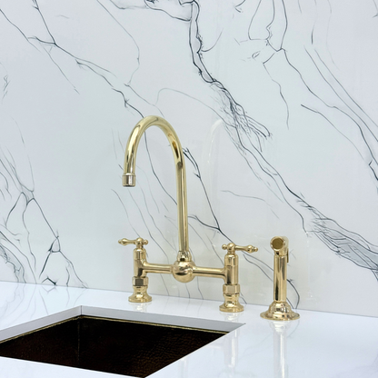 Unlacquered Brass Bridge Kitchen Faucet With Ball Center, Sprayer, Cold Water Faucet and Lever Handles