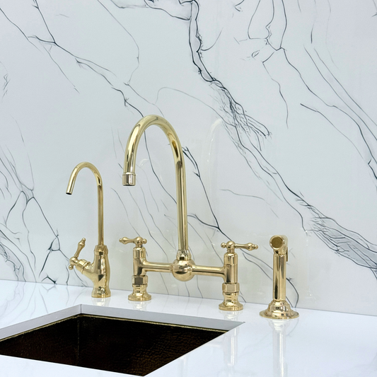 Unlacquered Brass Bridge Kitchen Faucet With Ball Center, Sprayer, Cold Water Faucet and Lever Handles