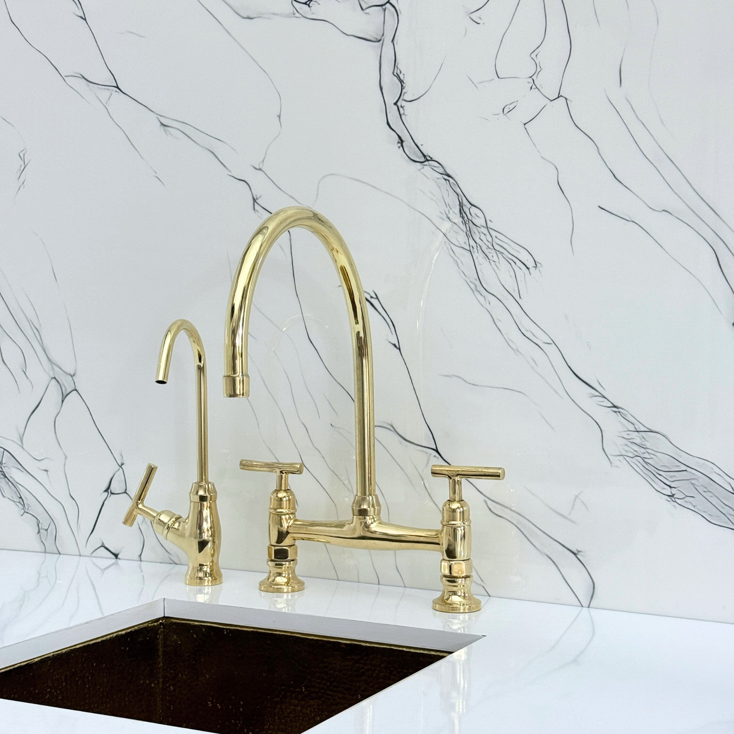 Unlacquered Brass Bridge Kitchen Faucet with Cold Water Faucet, Sprayer, and Lever Handles
