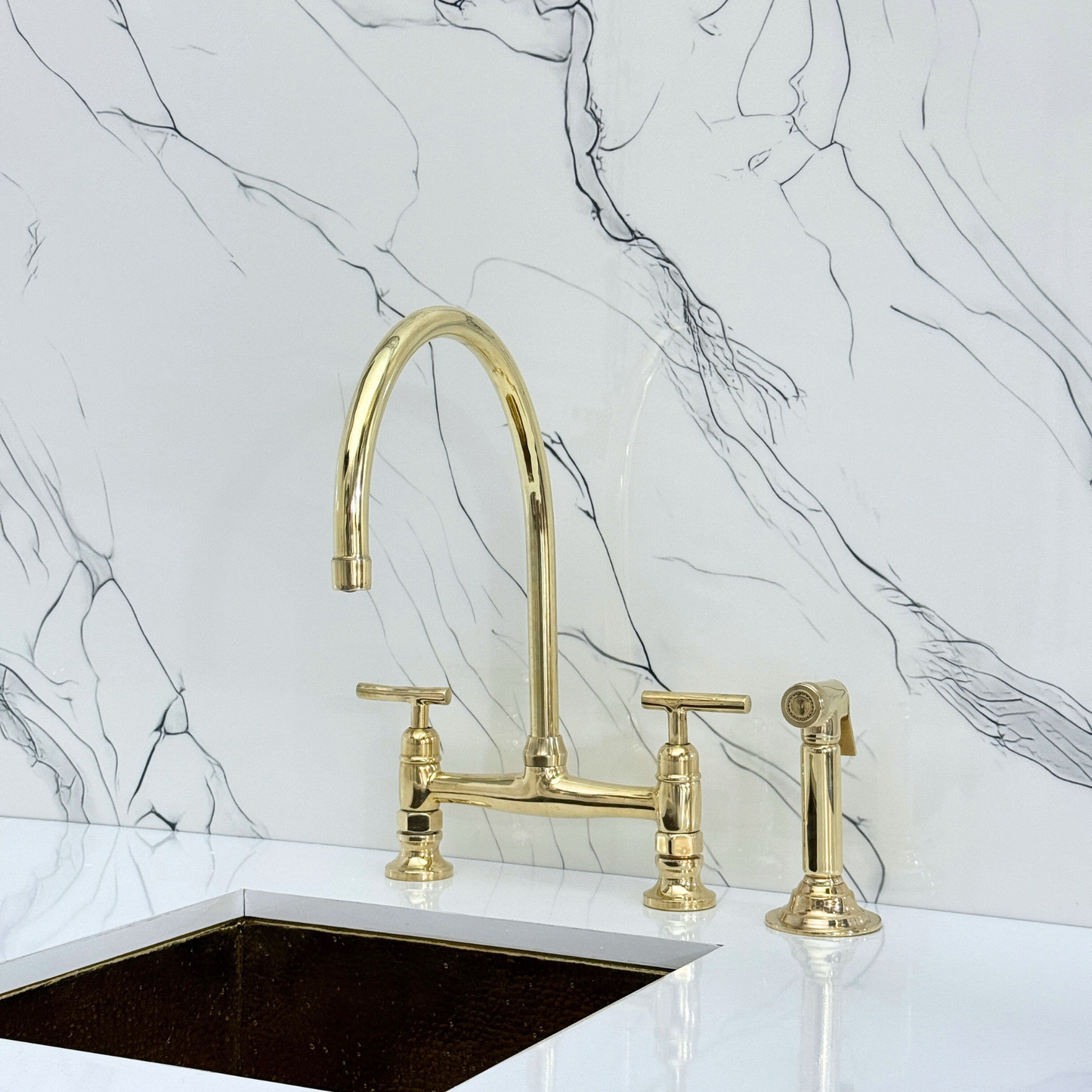 Unlacquered Brass Bridge Kitchen Faucet with Cold Water Faucet, Sprayer, and Lever Handles
