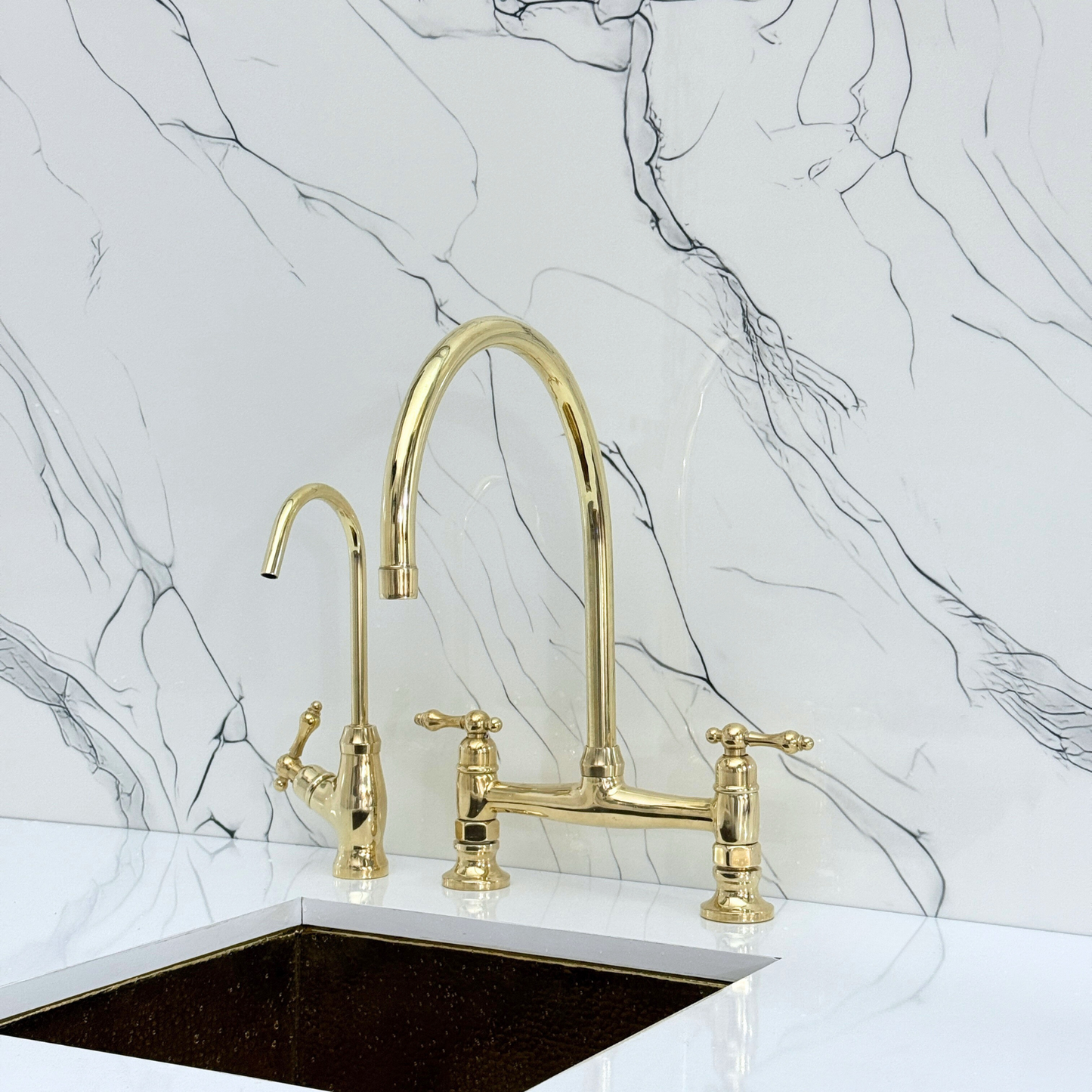 Unlacquered Brass Bridge Kitchen Faucet with Cold Water Faucet, Sprayer, and Lever Handles