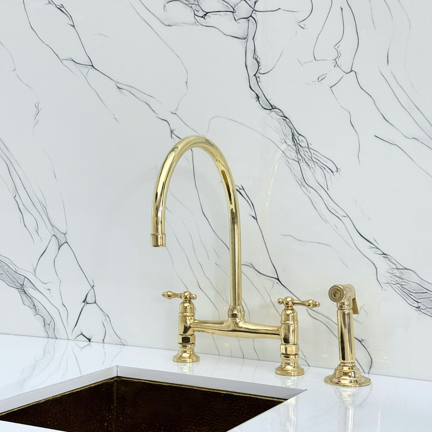 Unlacquered Brass Bridge Kitchen Faucet with Cold Water Faucet, Sprayer, and Lever Handles