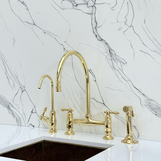 Unlacquered Brass Bridge Kitchen Faucet with Cold Water Faucet, Sprayer, and Lever Handles