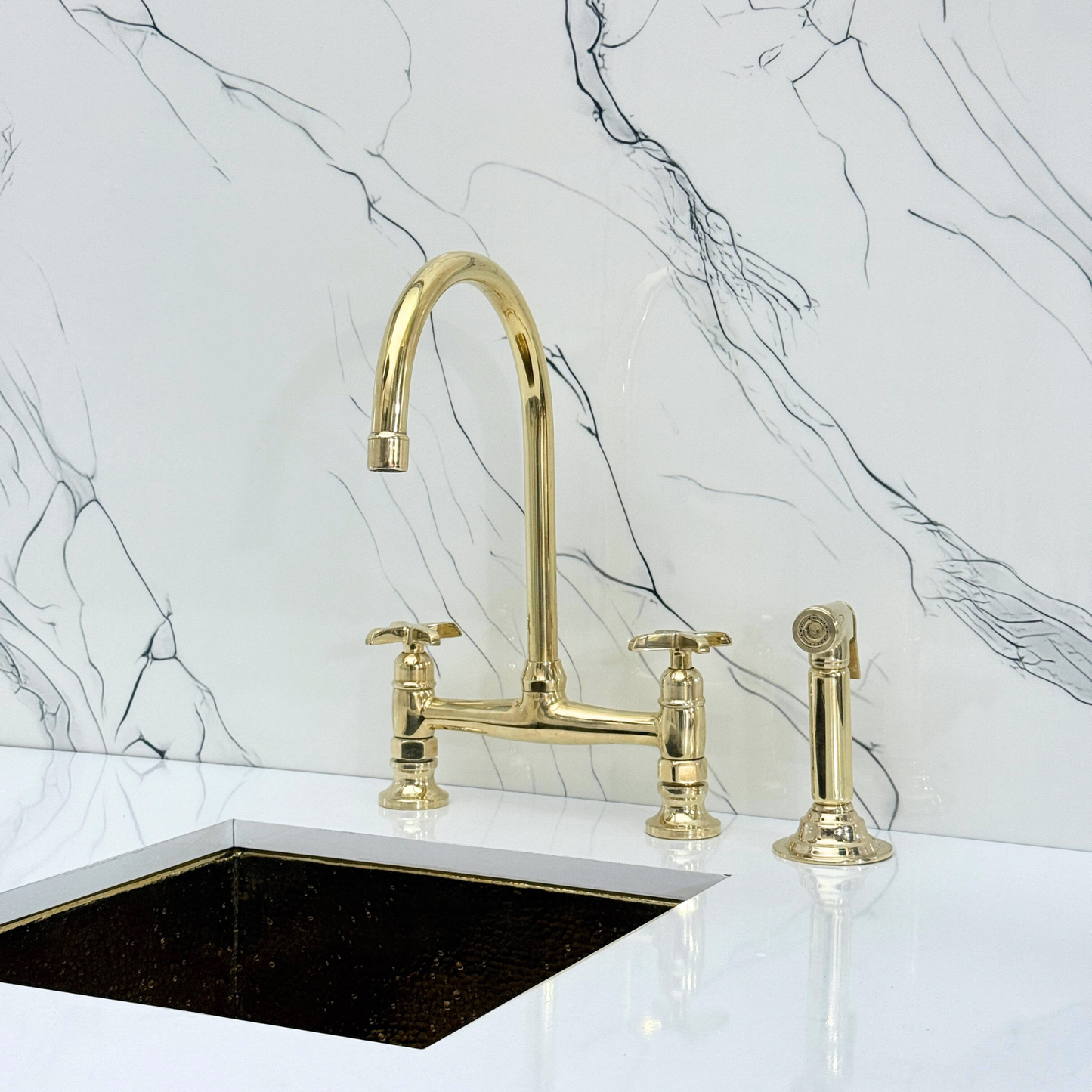 Unlacquered Brass Bridge Kitchen Faucet with Sprayer, Cold Water Faucet and Cross Handles