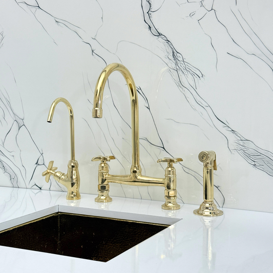 Unlacquered Brass Bridge Kitchen Faucet with Sprayer, Cold Water Faucet and Cross Handles