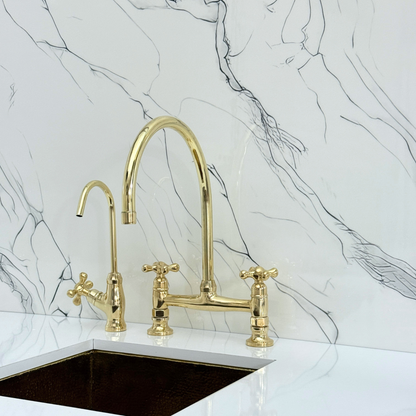 Unlacquered Brass Bridge Kitchen Faucet with Cold Water Faucet, Sprayer, and Cross Handles