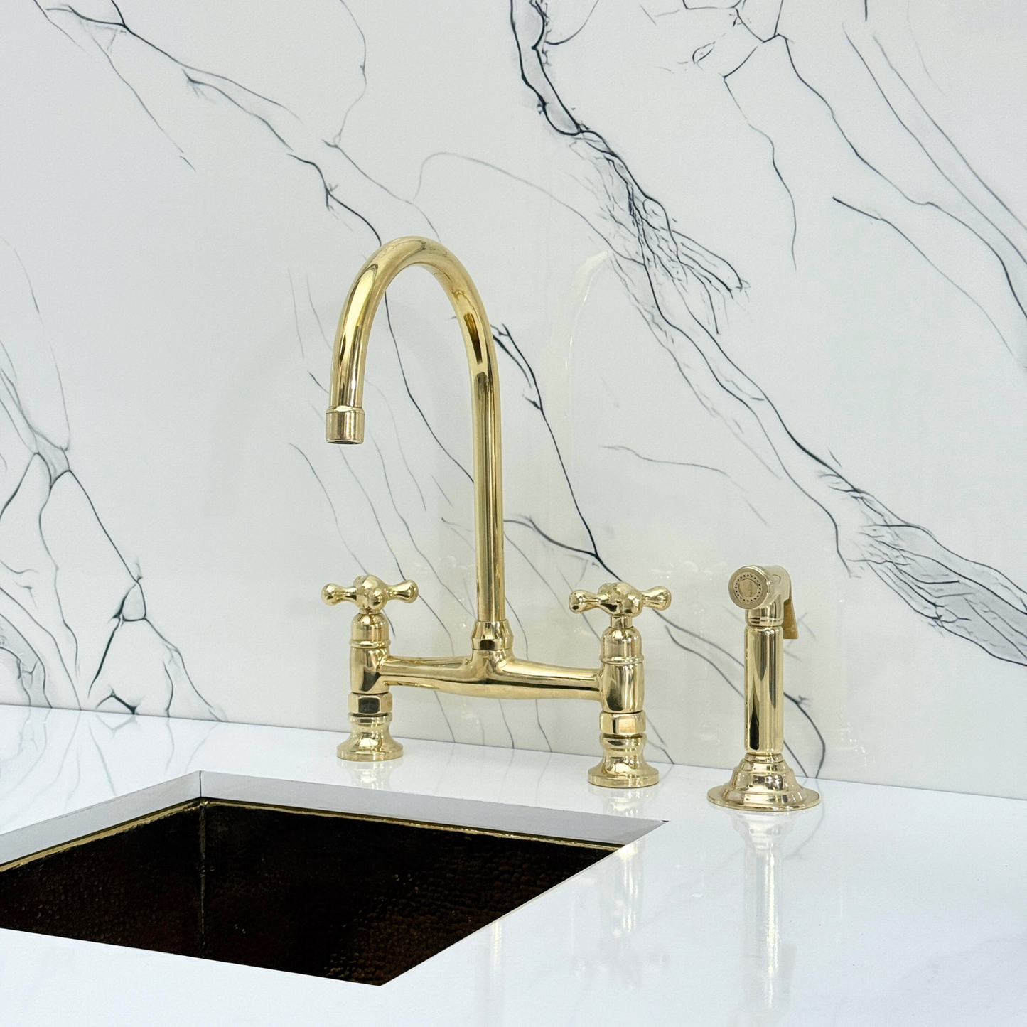 Unlacquered Brass Bridge Kitchen Faucet with Sprayer, Cold Water Faucet and Cross Handles