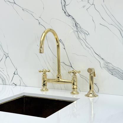 Unlacquered Brass Bridge Kitchen Faucet with Sprayer, Cold Water Faucet and Cross Handles