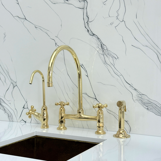 Unlacquered Brass Bridge Kitchen Faucet with Cold Water Faucet, Sprayer, and Cross Handles