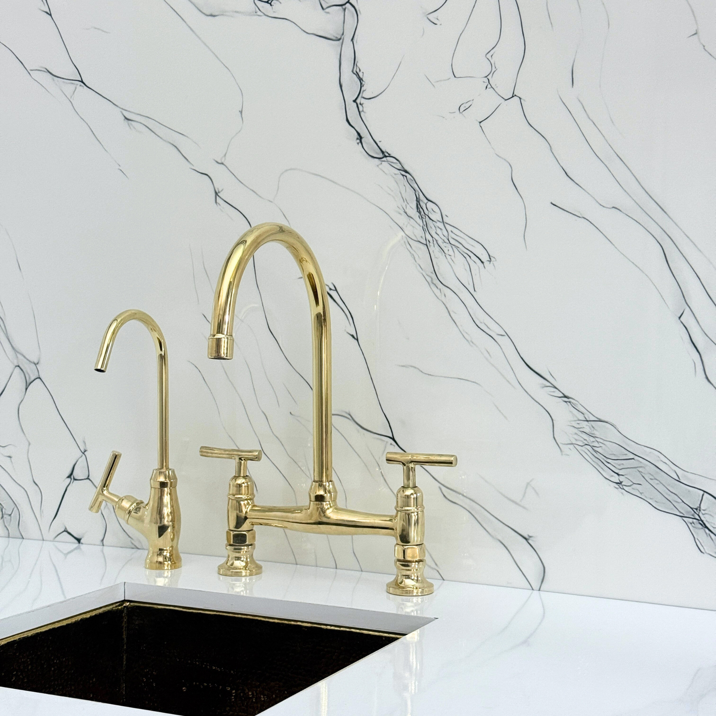 Unlacquered Brass Bridge Kitchen Faucet with Sprayer, Cold Water Faucet and Lever Handles