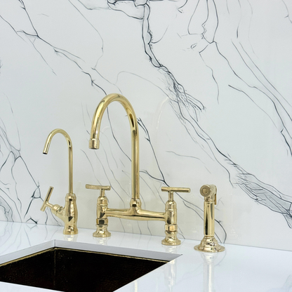Unlacquered Brass Bridge Kitchen Faucet with Sprayer, Cold Water Faucet and Lever Handles